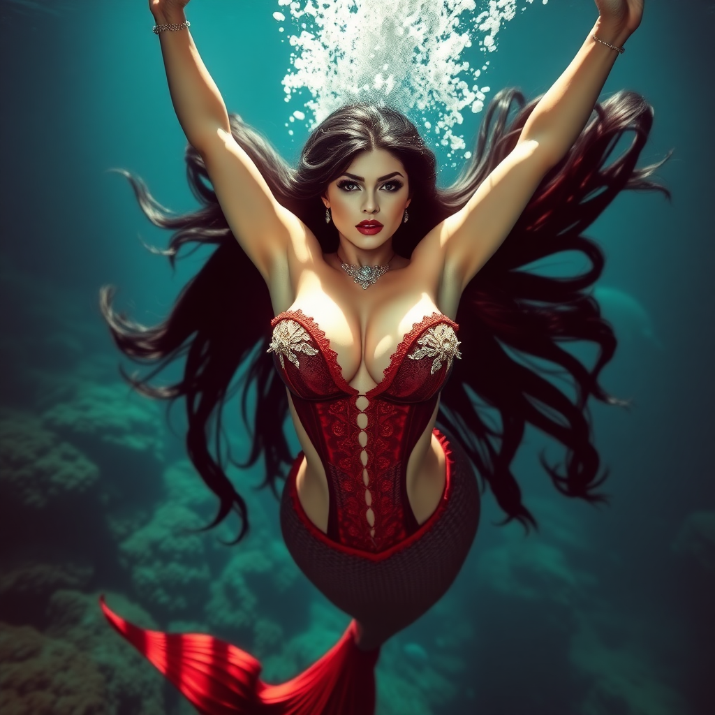 Vampirella as a mermaid, her 500% huge teardrop shaped décolletage spilling out of her loose corset as she swims underwater directly towards the viewer. She maintains intense eye contact. Her long hair floats like a nimbus cloud. Her arms are raised high, floating over her head. She is deep under the sea surrounded by aquatic life. It is a highly detailed DSLR Photograph.