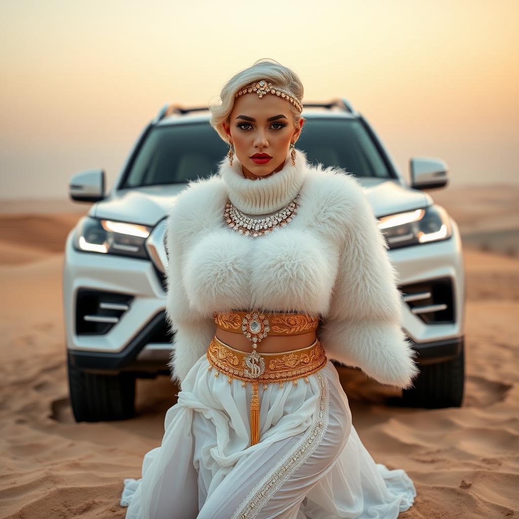 Kuwait desert dunes misty dawn, full size luxury SUV: Melissa, European 17 years old very convincing femboy “trophy-bimbo”, tamed servile docile, very beautiful feminine flawless face, rather short, by hormones very curvaceous womanly figured, platinum blond short tight curls, bold red lips, heavily made-up face, wearing Supertanya-style fluffy very fuzzy bright white angora turtleneck-poncho cropped ending under bust decorated with pearls and gemstones, striking oriental wide gold bridal protection belt, white fully transparent harem pants, full Oriental bridal jewelry with striking headpiece, full Oriental face-jewelry, striking diamond “$$$” letter brooch on left chest, pout frustrated, hands tied behind back, kneeling in sand in front of SUV, looking at camera. Focus on face and turtleneck-poncho.