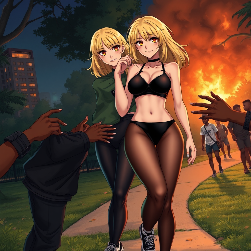 Anime art of 2 women and hands of thug black-African rioters next to her touching and grabbing her all over, medium blonde hair, wicked smile, a black, sleeveless crop top that reveals the woman's falling-down black bra and a high-waisted, wicked smile, large breast, wearing ripped black thong underwear. She is also wearing black sheer tights and black sneakers with white laces, in Park and 1 building on fire at night from riots background.