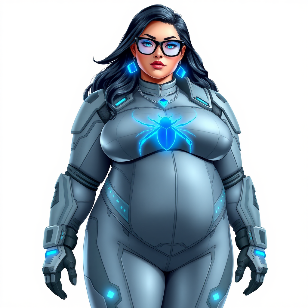 A 29-year-old computer science major, she is the devoted girlfriend of a vigilante and serves as his dotingly pampered, full-figured, nerdy digital sidekick. She is now a Computer Program hybrid, with a unique, metallic Middle Gray (N5) skin color that blends with her suit and hair, resembling computer data. Her long hair, suit, and skin are all Middle Gray (N5). Her neon blue eyes are mesmerizing. Her full figure, especially her prominently gargantuan round midsection, shows just how heavily fed and pampered she is, with sequoia-sized limbs and broad shoulders.

As a loyal and supportive sidekick, she plays a crucial role in their missions, using her digital prowess to assist and protect. She wears a blue sapphire scarab necklace and blue sapphire earrings, which she received as symbols of their love before his 5-year disappearance. Her digital and computerized biker suit, also Middle Gray (N5), covers her entire body and is adorned with a neon blue beetle emblem on its chest. The suit is equipped with high-tech features, including holographic displays and integrated hacking tools. She has matching high-tech gloves. She emits neon blue data cubes from her body, set against a solid white background.

Heavily, attentively, and immensely pampered through being well-fed since their reunion, her full figure clearly shows the extent of care she has received. Despite her digital enhancements, she retains her human vulnerabilities, including hunger and sleep, and is not immune to human weaknesses. She has the ability to hack into computers and machines, and her nerdiness is blatantly obvious with her black oversized eyeglasses. Her full figure, especially her gargantuan midsection, is prominently displayed and heavily emphasized. Her outfit, influenced by DC’s Jennifer Knight Phantom Lady, remains distinct.

Despite her boyfriend’s limited resources, she assists in the war on crime by serving as a minicomputer, traveling in a high-tech wristwatch and supercar’s computer system. Using her hacking abilities, she relays crucial knowledge related to missions. She is drawn as if she was in a retro 2D cyberpunk fighting game.