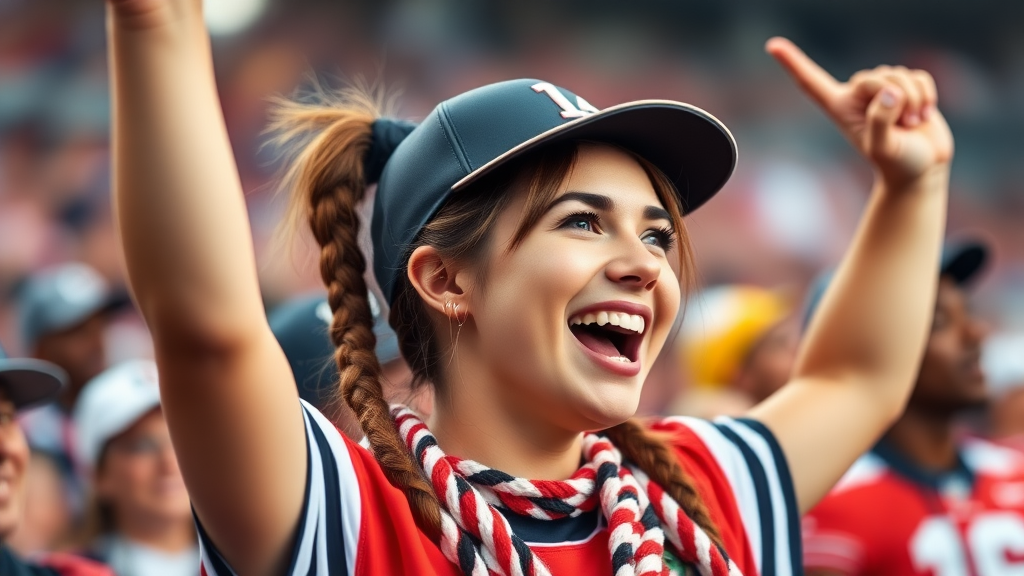 Attractive female NFL fan, pigtail hair, cheering wildly