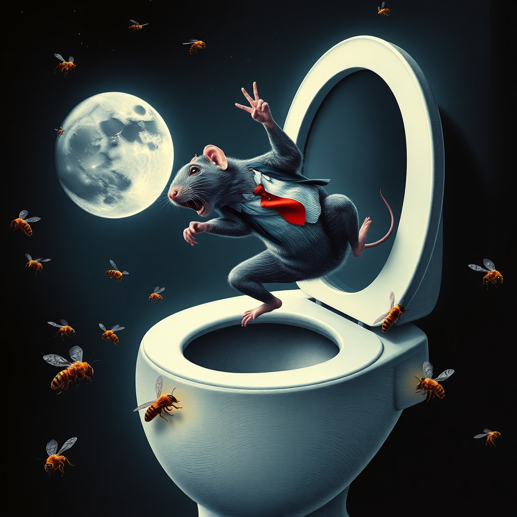 A rat politician diving off the moon into a toilet, bees, 2000s musical movie poster, no text, cyberpunk