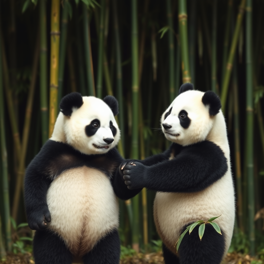 Picture of two pandas holding hands in front of a bamboo forest