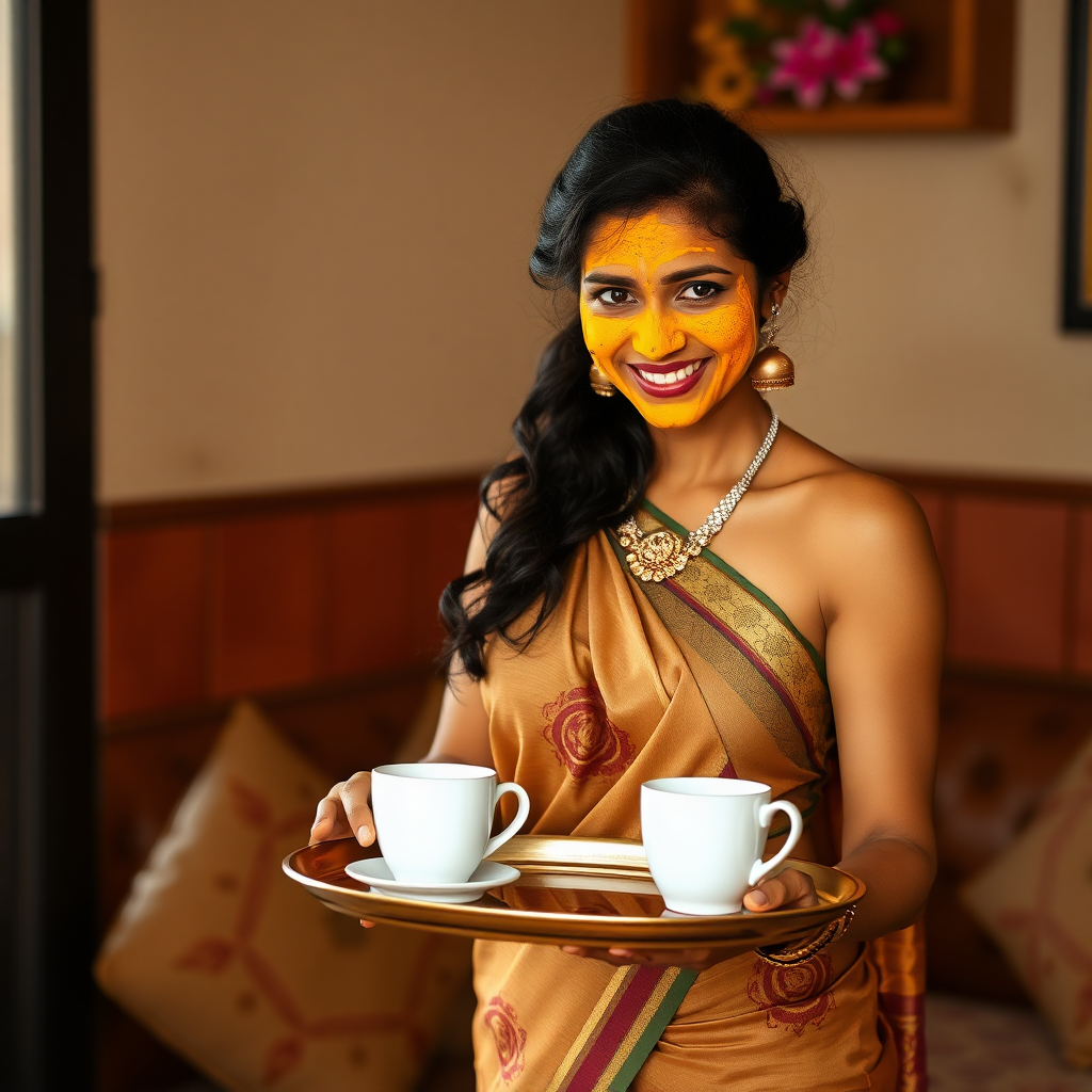 slim, 30 year old, sexy, indian wife, saree, turmeric face mask. She is smiling and serving coffee on a tray to guests.