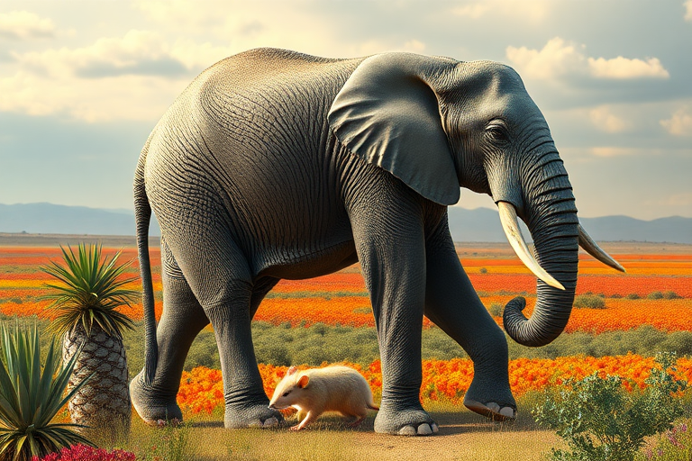 Generate a full-length photorealistic image of an elephant featuring the musculature and framework of a mouse, while keeping its head intact complete with distinct facial features. The skin retains its elephantine texture, complemented by soft fur similar to a mouse. The background blends elements from both animals' habitats, showcasing a mix of savannah and vibrant fields. Include plants characteristic of each environment, ensuring a harmonious and imaginative scene that captures the essence of both creatures while highlighting their unique characteristics in a surreal setting.