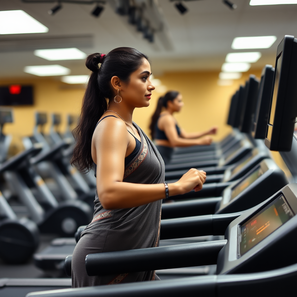 Indian wife, working out on Treadmill in gym