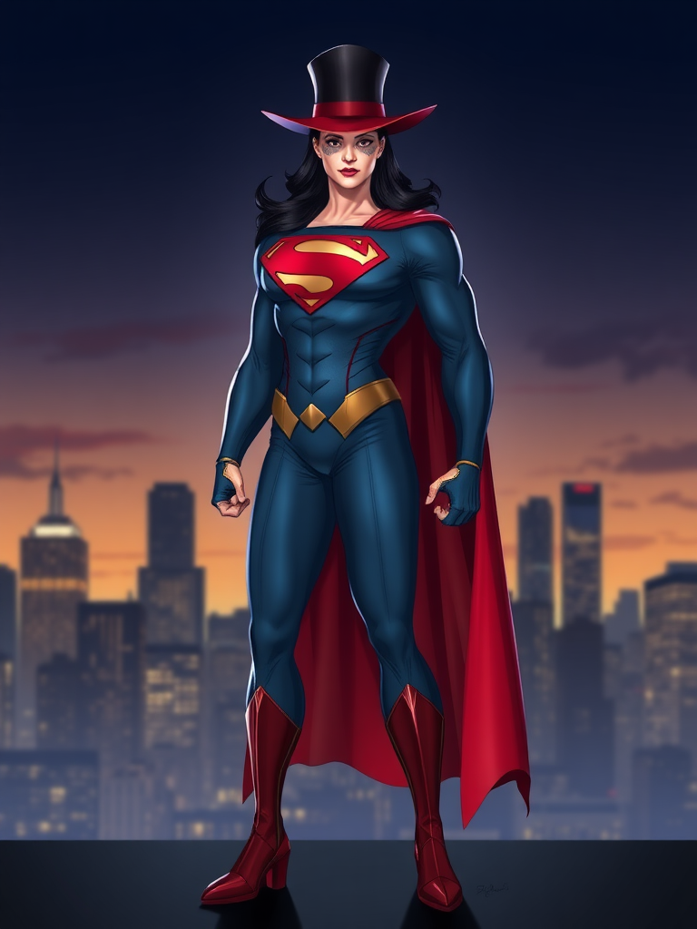 Create a full-length image of a character inspired by Superman, while incorporating the female body type of Zatanna, ensuring the head remains intact as Superman. Blend elements from Zatanna's costume into the design, such as her classic suit features, hat, and gloves. The background should reflect a suitable setting that complements both Superman's heroic aura and Zatanna's magical essence, perhaps a city skyline during dusk with a hint of mystical elements. Ensure the colors are vibrant and capture the essence of both characters while maintaining visual harmony.