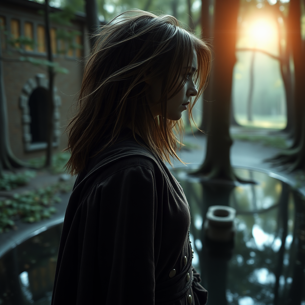 A full body shot from the side of a pretty twenty-something female orc wizard with a face resembling (ana de armas). standing above a reflection of herself in a small pool of water in a dense forest. messy shoulder length hair tussled by wind. inside a courtyard. Hyper-realistic, Photorealistic digital matte painting, soft focus, film grain, lens flare. gritty, dirty, scuffed.