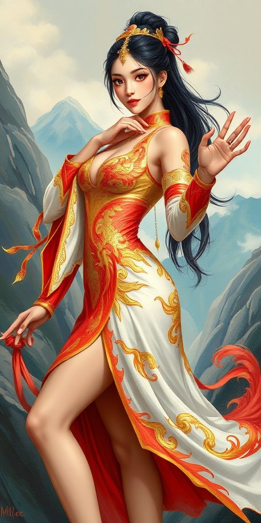 a semi anime chinese female, with gold Phoenix themed outfit, full body shot, in sexy pose, hand pose, legs pose, in simi realism painting art style, Dynamic semi impasto painting background, backgroung in mountain,