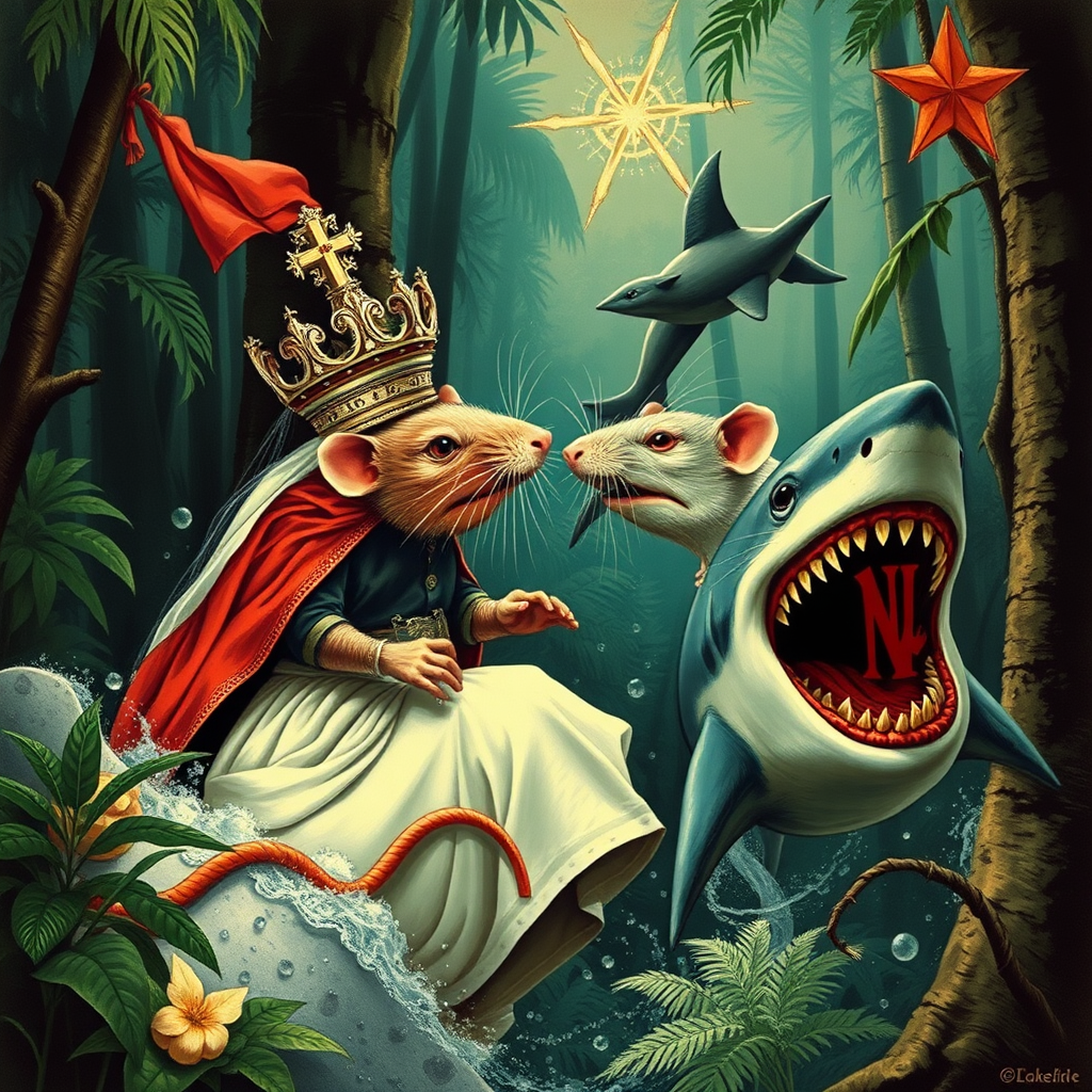 A rat wedding being attacked by sharks, Catholic, Soviet propaganda poster, steam punk, no text, Lovecraftian, in the rainforest