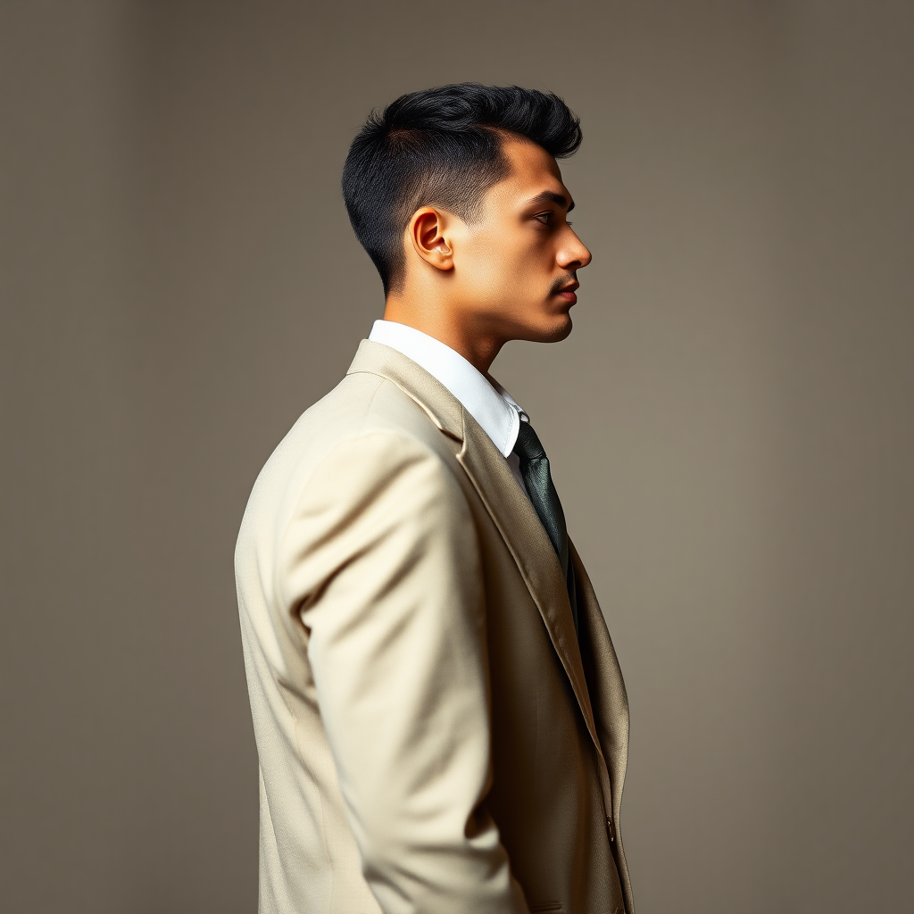 Tall model man in profile, dressed in a light elegant suit, patent leather shoes, very short curly fine hair, oval face, small nose, brown eyes, thin lips, normal attached ears, slight double chin, Mediterranean complexion, very thin brown eyebrows.