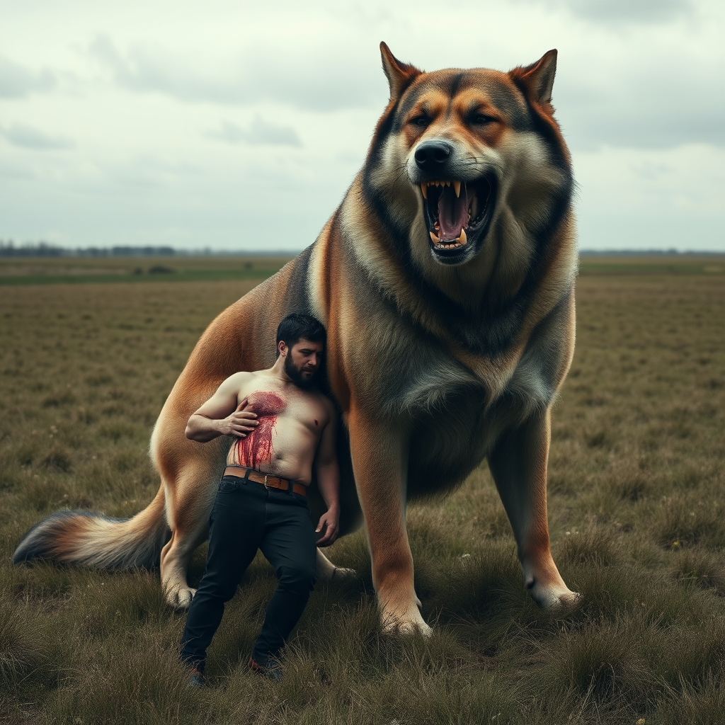 A massive giant-huge dog in a plain field eating a very small man with half-his torso ripped off in blood.