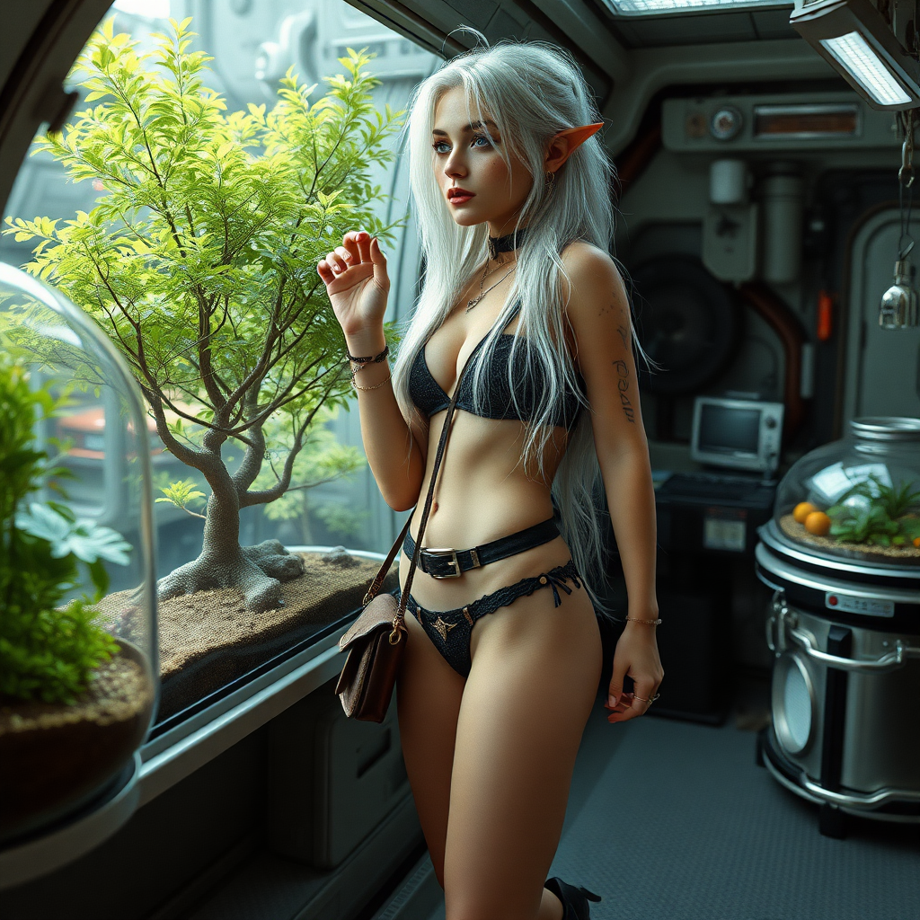 A full body shot of a pretty twenty-something elf girl like (ana de armas). pale, freckles, messy long white hair. crop top, thong, cyberpunk 2077, space station, food terrarium, high heel ankle boots, collar, purse and jewelry. Photorealistic digital matte painting, soft focus, film grain, lens flare. She is doing something while looking through glass at green trees.