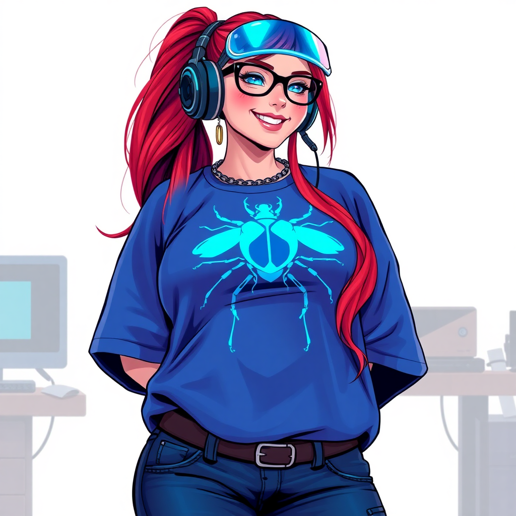 A cyberpunk vigilante’s full-figured intelligent and tech-savvy 29-year-old girlfriend, who is a computer hacker and tech genius. She has a long ruby red ponytail and bright blue eyes. She wears a sapphire beetle gemstone necklace, and an oversized maximum blue t-shirt featuring a giant neon blue glowing icon of a beetle on its chest. She has a full-figured physique with a prominently, gargantuan, well-rounded midsection, reflecting her well-cared-for lifestyle. She sports a sapphire headset with hi-tech maximum turquoise lensed HUD visor, black eyeglasses, and a beaming smile with a passionate bright red blush. Despite her figure and a lack of self-esteem, she radiates an air of beauty. She has a slim face which contributes to her radiant beauty. She serves as his tech expert from his hideout, diligently working at her workshop with a computer desk and tool bench. The background is solid white. She is drawn as if she was in a retro 2D cyberpunk fighting game. Ensure her shirt covers her midsection.