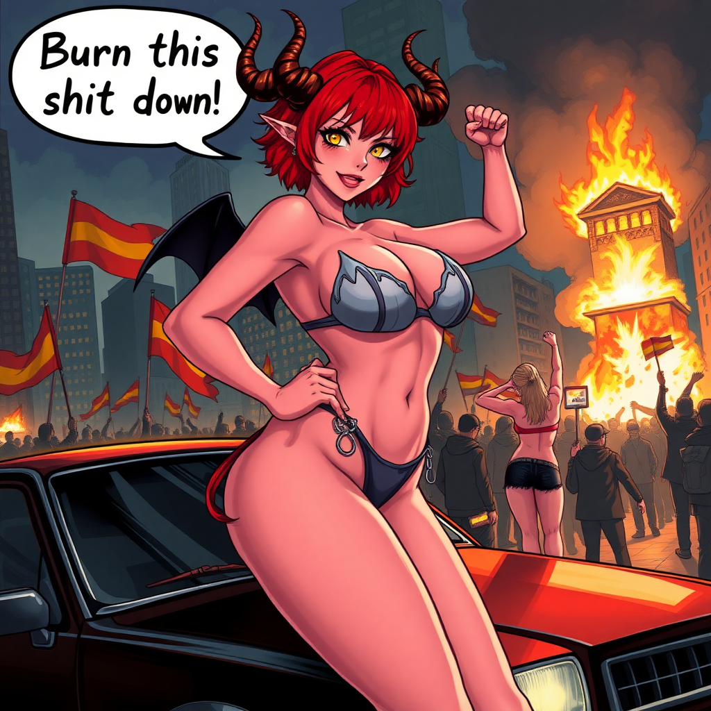 A anime drawing: A seductive hypersexual succubus woman, wicked smirk, speech bubble "Burn this shit down", short red hair, mega-colossal huge massive boobs/tits/breasts that can barely fit in a bikini her right-hand into/inside her thong to her vagina, standing on the hood of a car, horns, yellow eyes, sexy waist, full body, a city on night being overtaken by rioters with red-flags/LGBQT flags/and Raised Fist Flags, Molotov cocktails, there is another blond succubus girl there standing backside with her fist raised up with a building on fire.