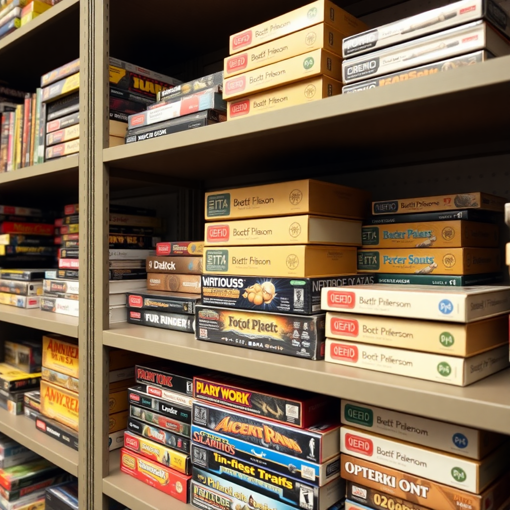 Shot of multiple shelves stacked with board game boxes