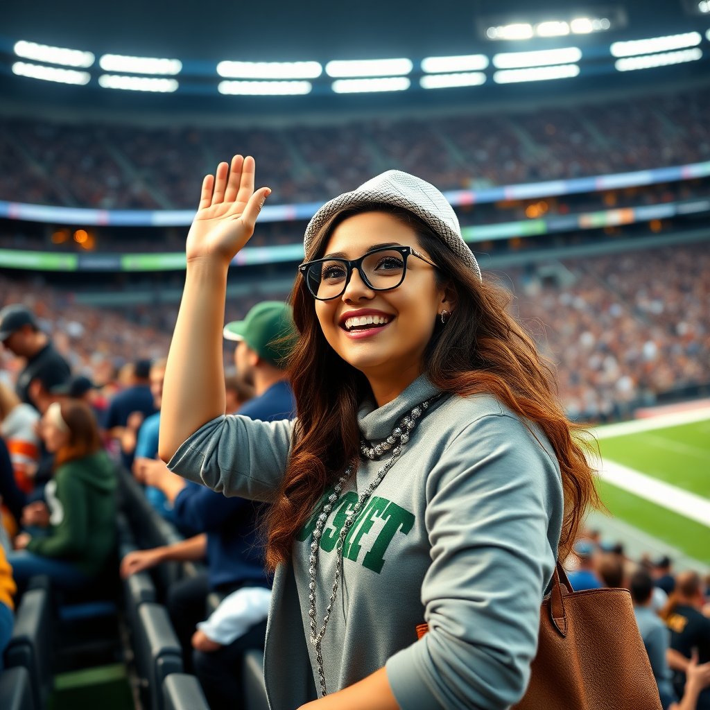 Attractive female NFL fan, cheering, NFL stadium, at crowded bleacher row