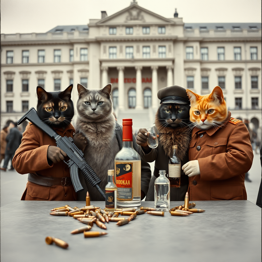 4 serious cat-men in a large square, a dark-skinned one holding an AK-47, an orange one with a Russian military cap, a dark brown one and a light brown one, USSR communists with vodka, around a table with bullet casings on it, in the style of an old black and white photo.