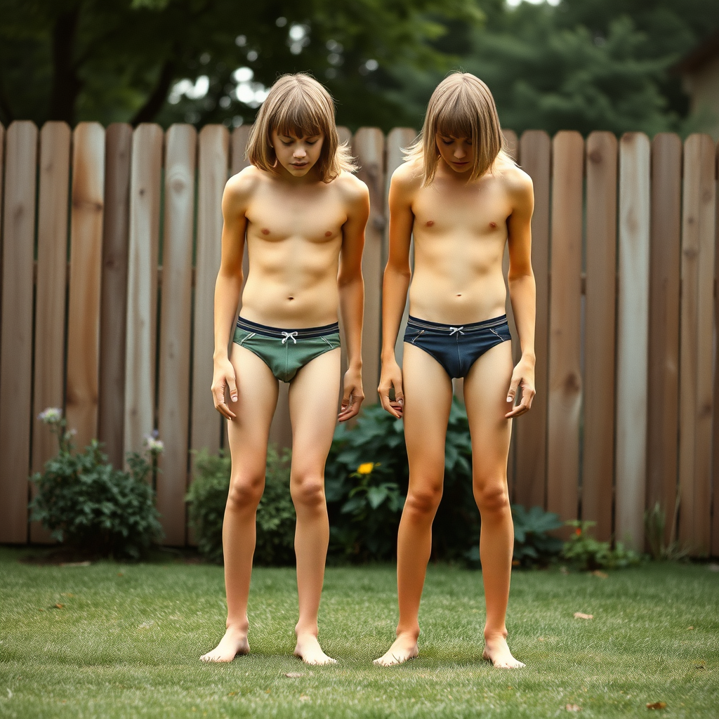 two tall 14yo teen boys, long hair bob cut, wearing very tight briefs, long legs, narrow thighs, full-length front view. 1970s. Playing at backyard. photorealistic, ultra high resolution, 16K, Negative: grainy, blurry, bad anatomy, extra limbs, watermark.