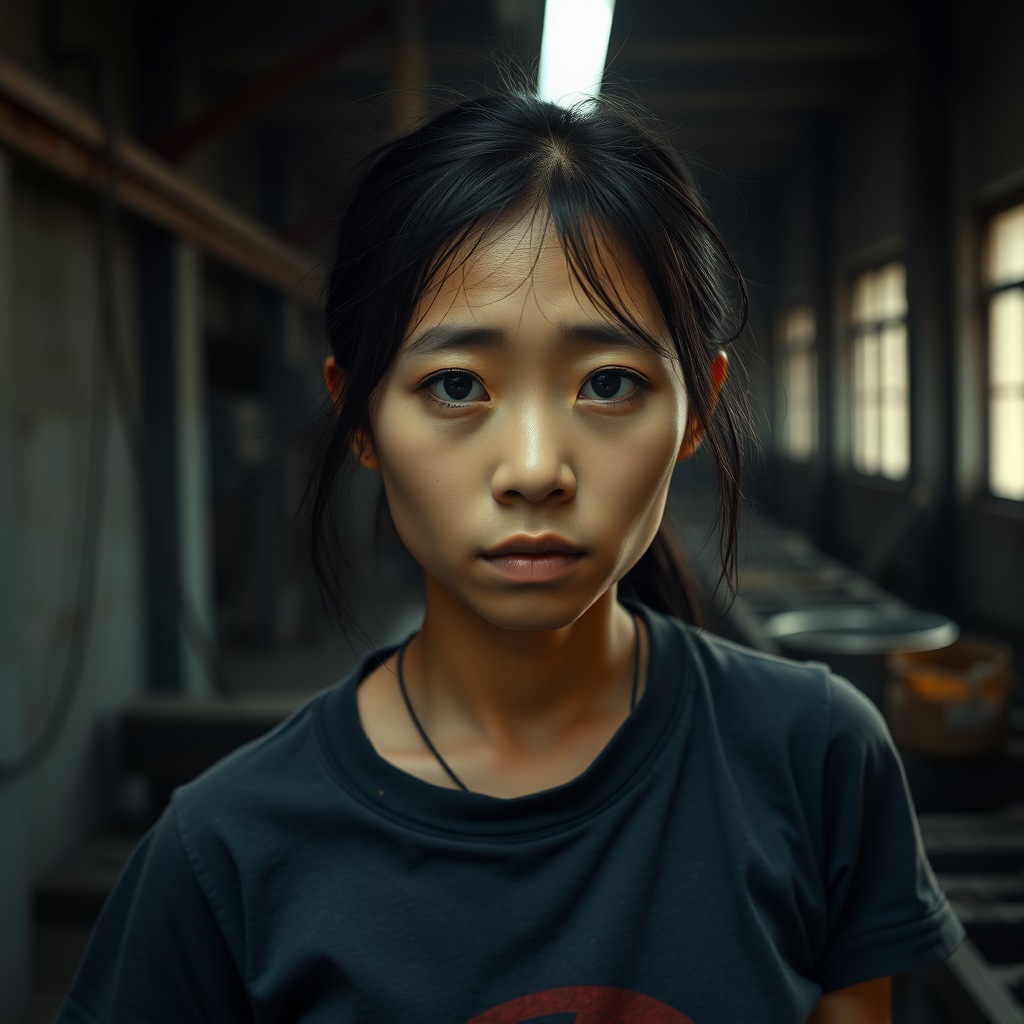 A very sad and hungry young Asian woman with a T-shirt in a dark old factory.