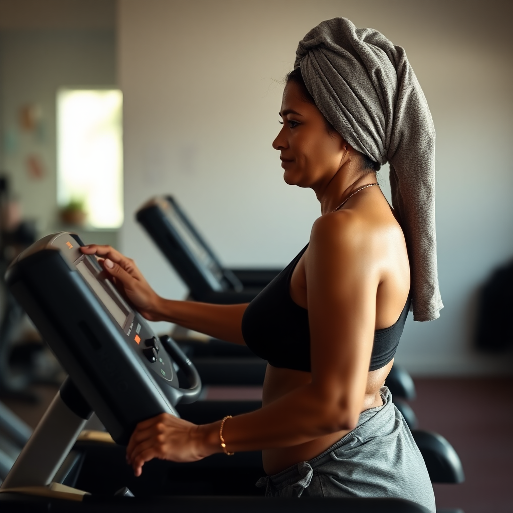 Indian wife, towel head, working out on Treadmill