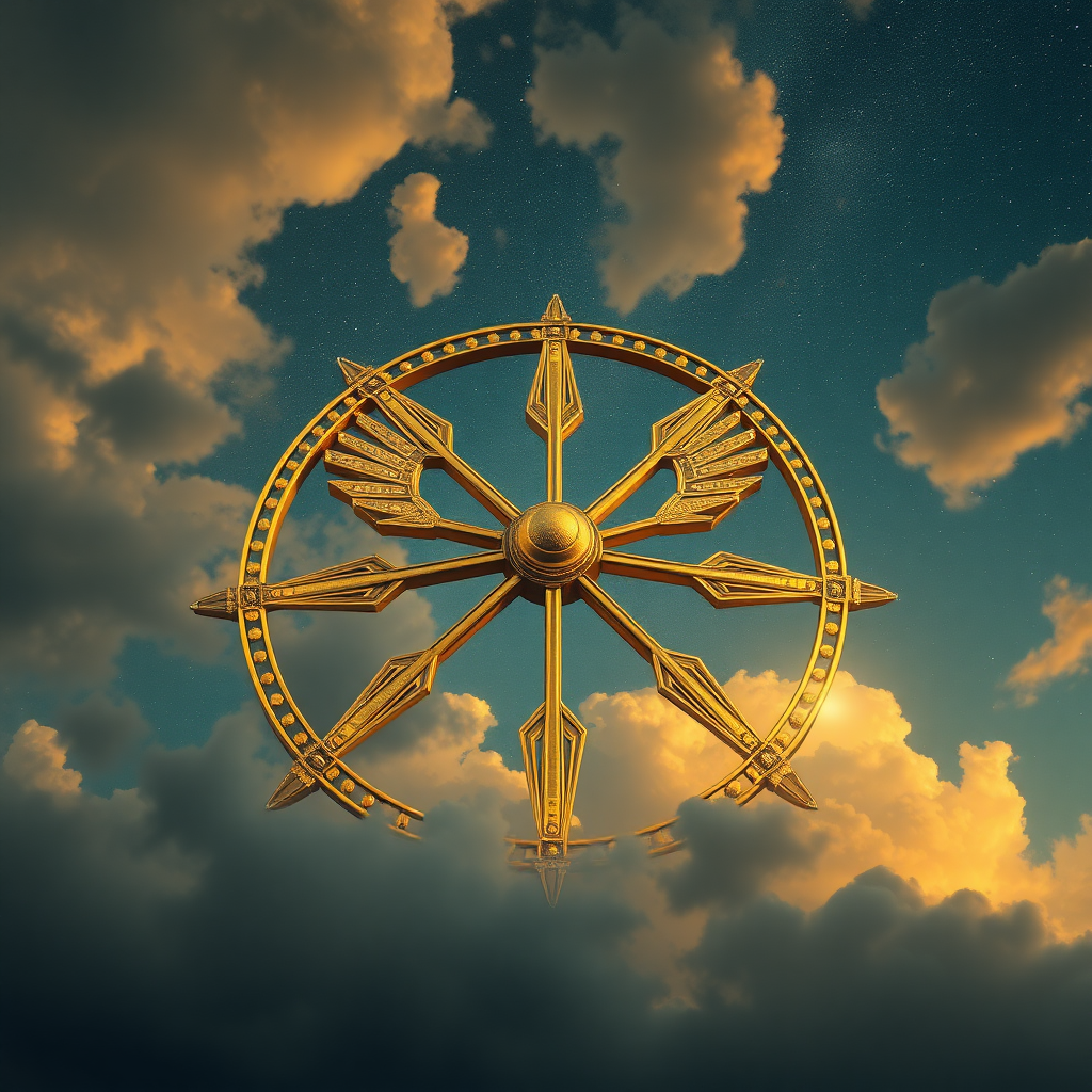 Background of skys, a giant-celestial-wheels made of gold with 6 wing's