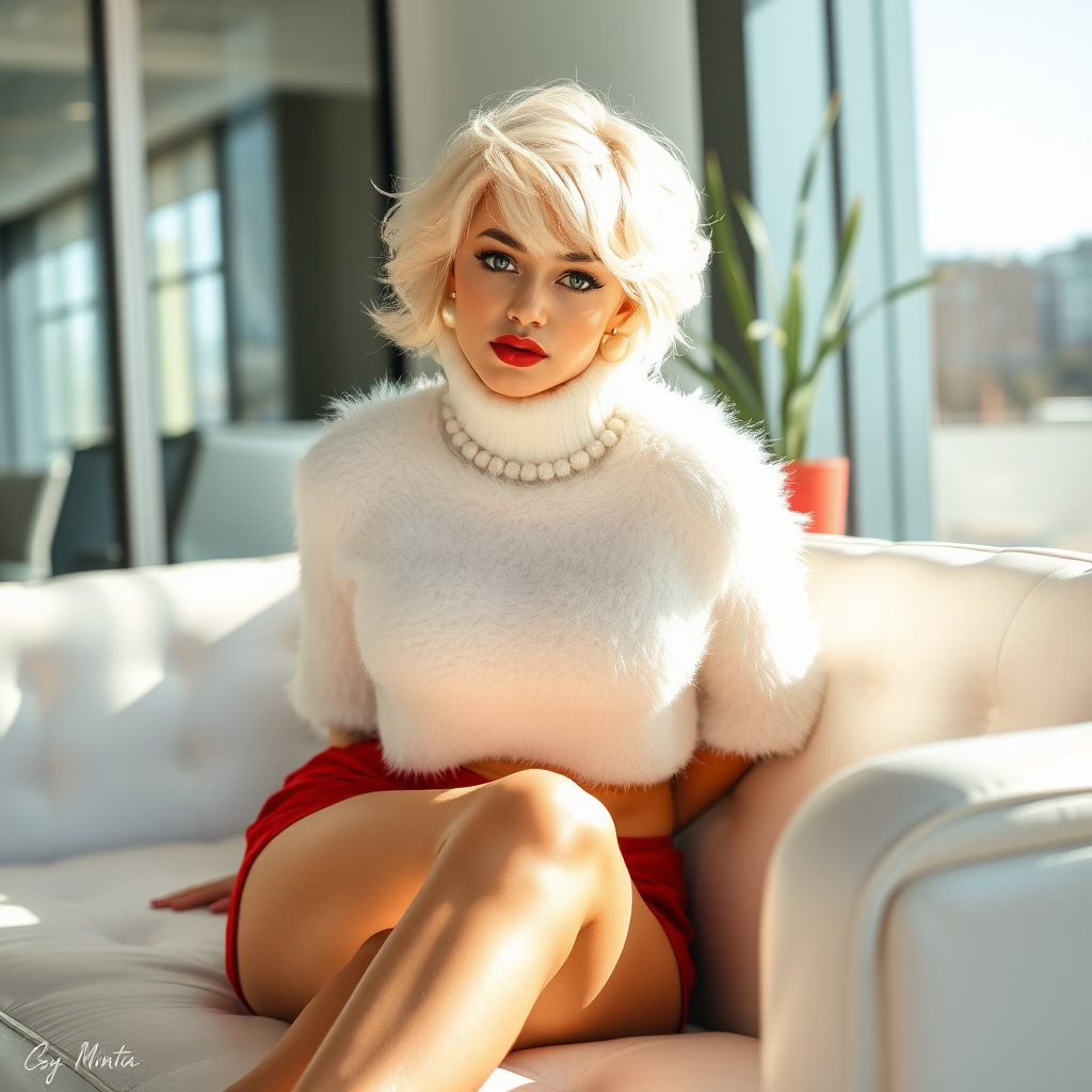 Sunny spring morning, modern glass-steel-concrete CEO office, sitting on white leather sofa: Nina, 17 years old very convincing femboy, tamed servile docile, very beautiful feminine flawless face, rather short, by hormones very curvaceous womanly figured, platinum blond short tight curls, bold red lips, heavily made-up face, wearing Supertanya-style fluffy very fuzzy bright white angora turtleneck-poncho cropped ending under bust, bright red shorts, bright red very high-heeled pumps, white pearl belly piercing, gold earrings, hands tied behind back, pout frustrated, looking at camera. Focus on face turtleneck-poncho shorts.