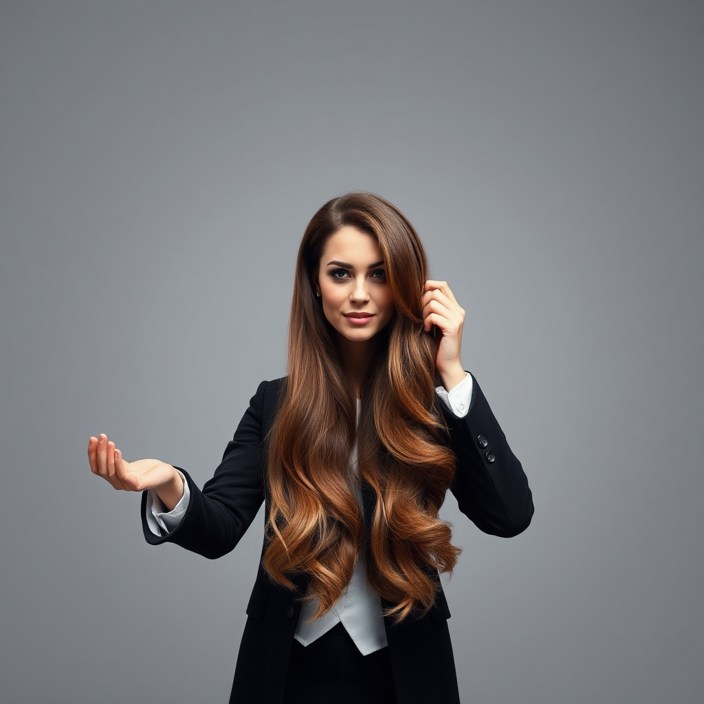 A surreal image of a magician holding up the disembodied head of a very long haired Kate Middleton. He is grabbing her by her long hair and holding up her head to display it to the camera. Plain gray background.