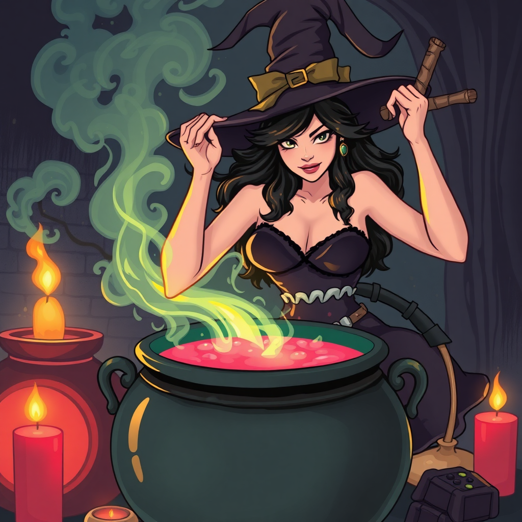 An illustration of a sexy witch brewing a love potion in a bubbling cauldron.