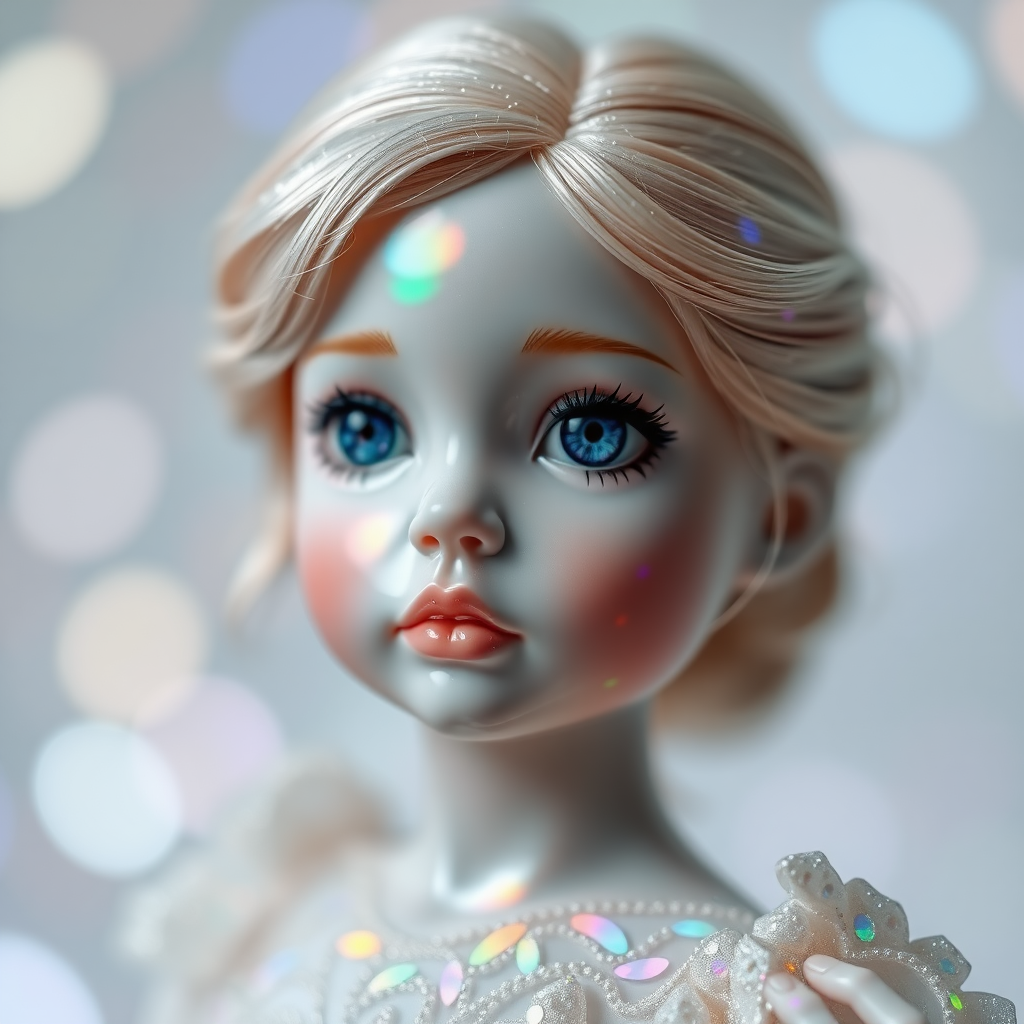 preteen artists doll, porcelain, Bokeh, abstract, mandelbulb fractal, fractal, brilliant colors, glittering, translucent, mother of pearl, opal, iridescent, natural skin, glowing