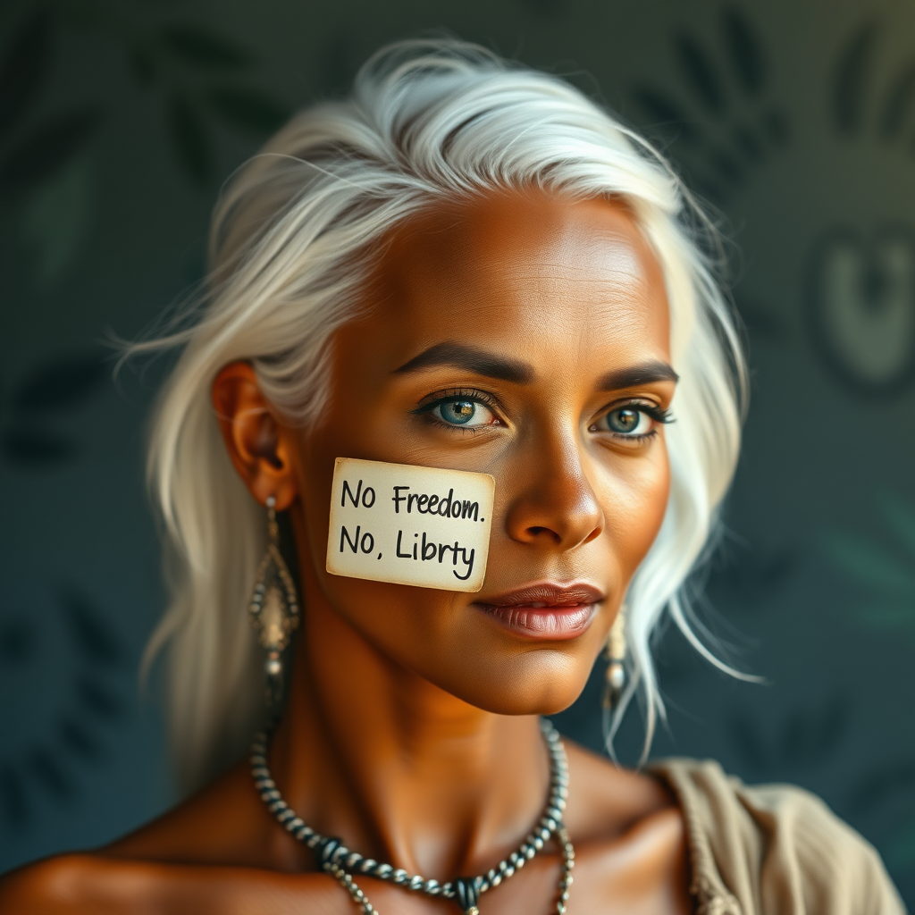 Beautiful woman, white hair, bronze skin with a sign "Freedom, no censorship. Liberty, no judgment"