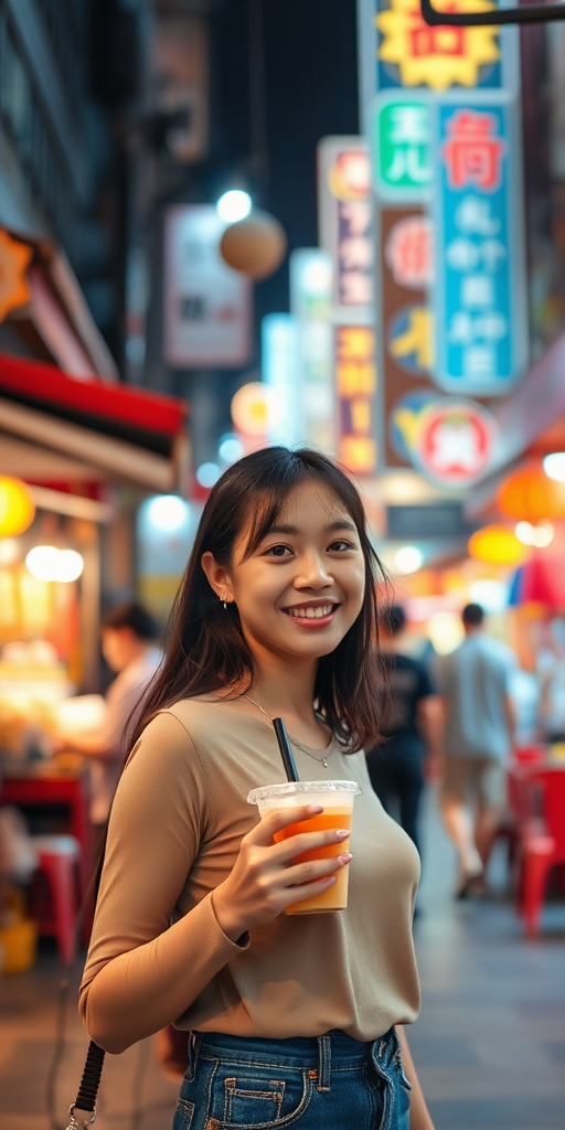 A vibrant urban street scene, brightly lit and blurred, featuring a Taiwanese girl strolling through a night market, facing forward with a sweet smile, holding a cup of bubble tea.