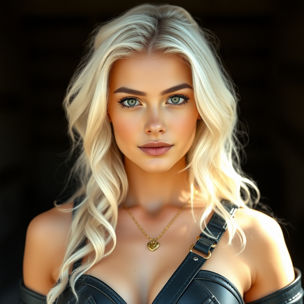 Portrait of a beautiful young woman with long wavy platinum blonde hair, green eyes, a suntan, large breasts, and light brown eyebrows. She is wearing black leather armor and a gold necklace with a small heart pendant. Her face and body are facing the camera and light is coming from behind the camera.