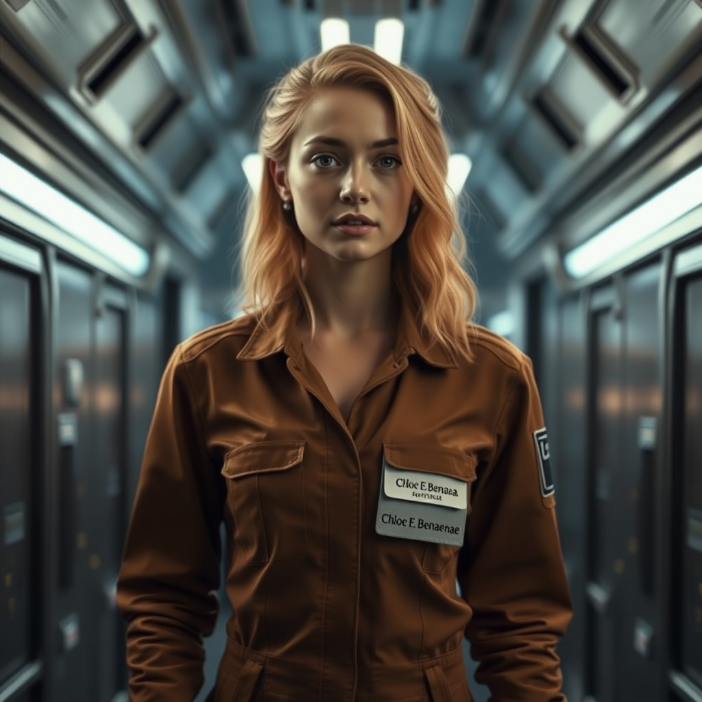 A twenty something female like Ana de Armas, athletic, medium length wild strawberry blond hair, in a brown jumpsuit standing in a dimly lit hallway of a spaceship with a uniform name tag sewn on her left chest pocket that says "Chloe E. Benaenae."