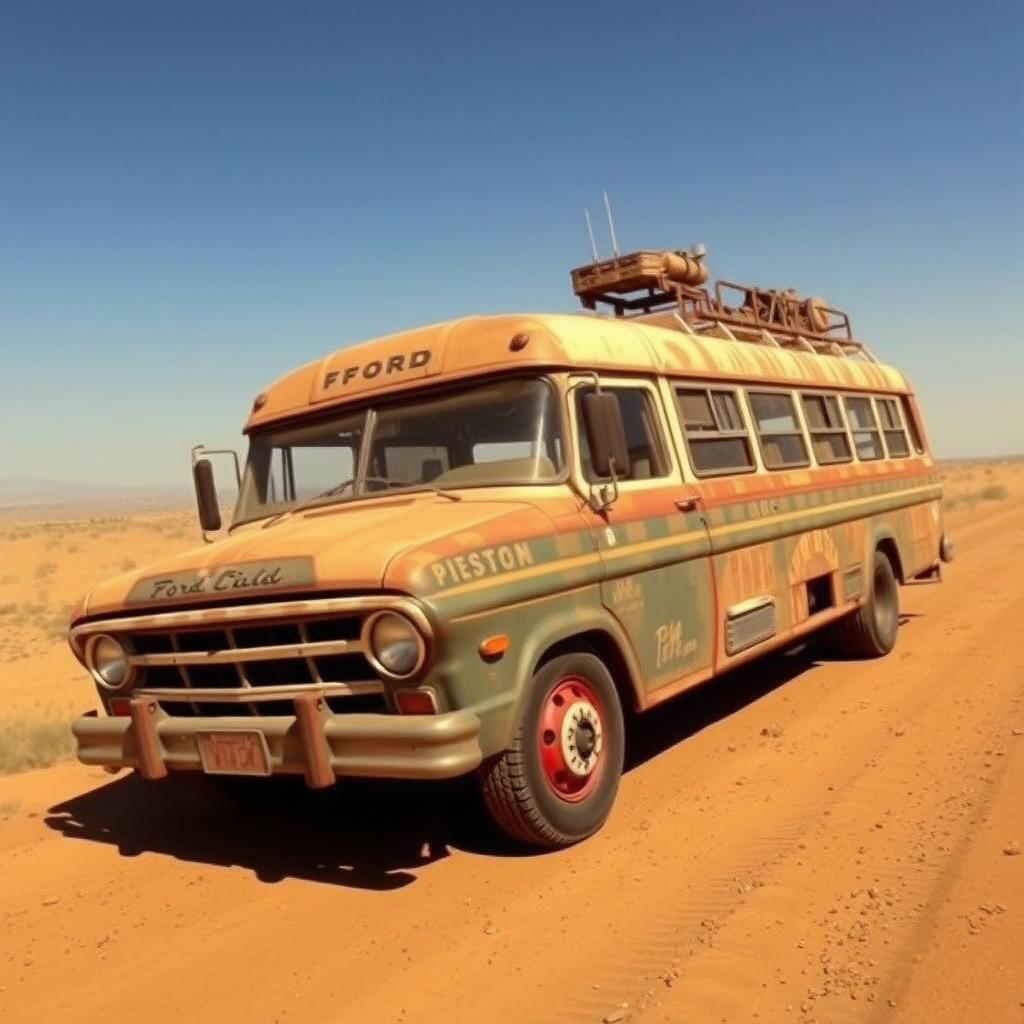 Ford Falcon Mad Max post-apocalyptic dust rusty zombie the bus is parked on the side of the road, inspired by Taiyō Matsumoto, tumblr, restomod, nd4, c4