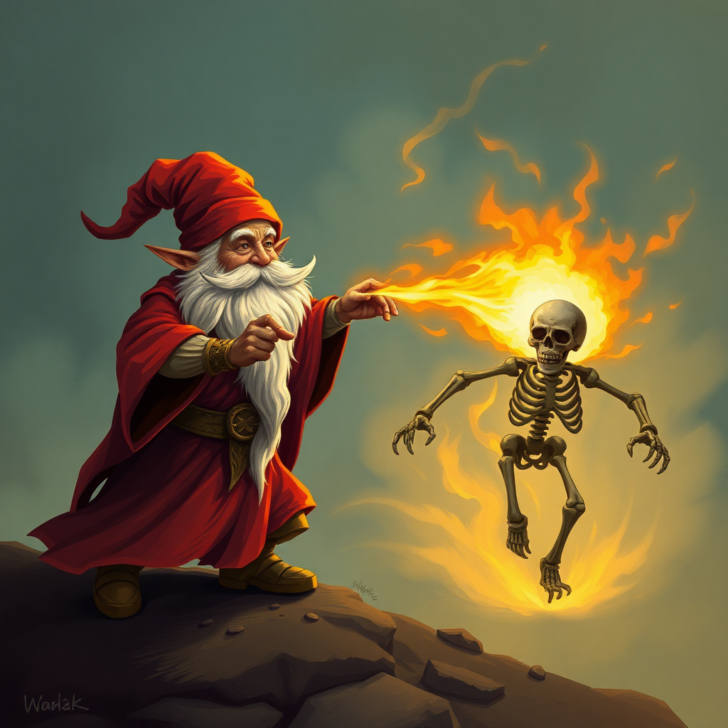 A gnome wizard with red robes casting a fireball at a skeleton that is running towards him