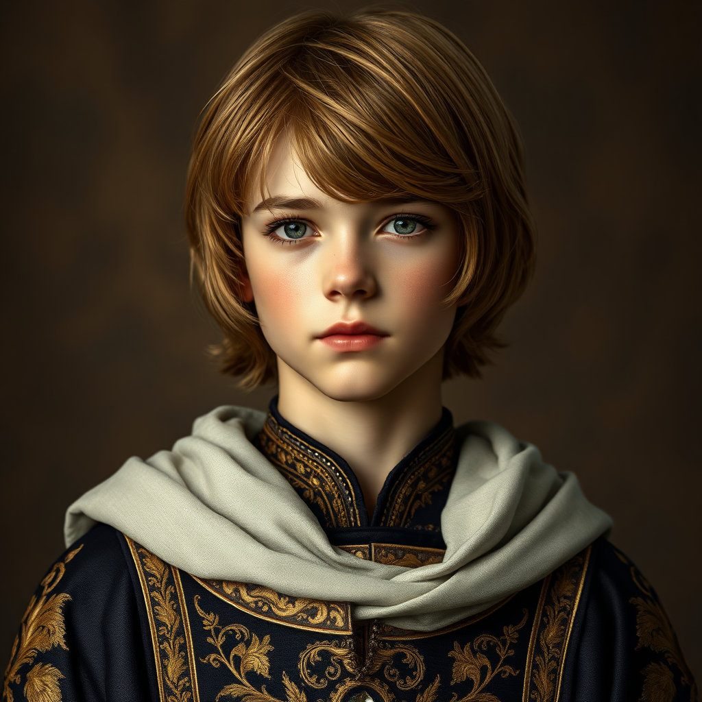 16yo teen boy prince, long bob cut, embroidered with gold and diamonds medieval cloths. photorealistic, ultra high resolution, 16K,