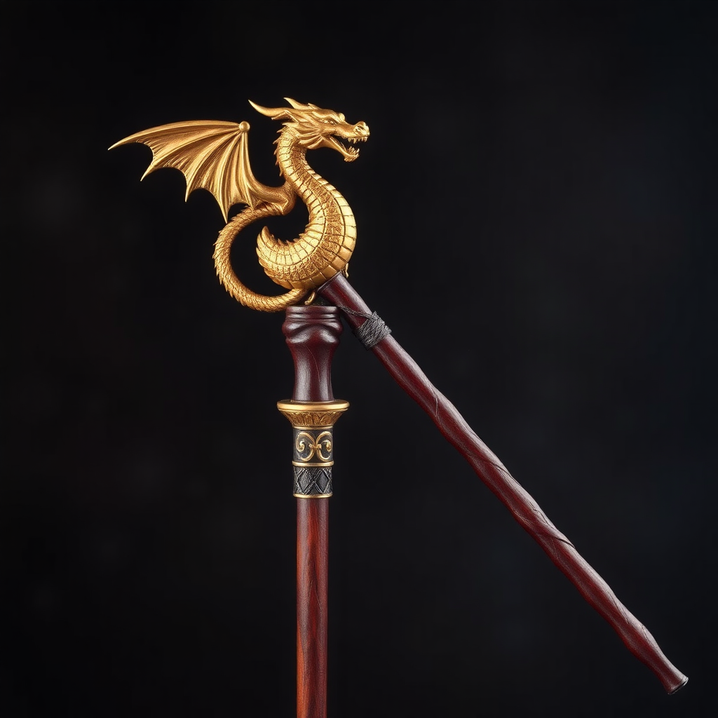 a wizard's staff with a handle made of red wood, a golden dragon at its peak whose tail coils along the shaft. I want to see the entire object with the full length of the handle. All of this in a fantasy style and the universe of Dungeons and Dragons