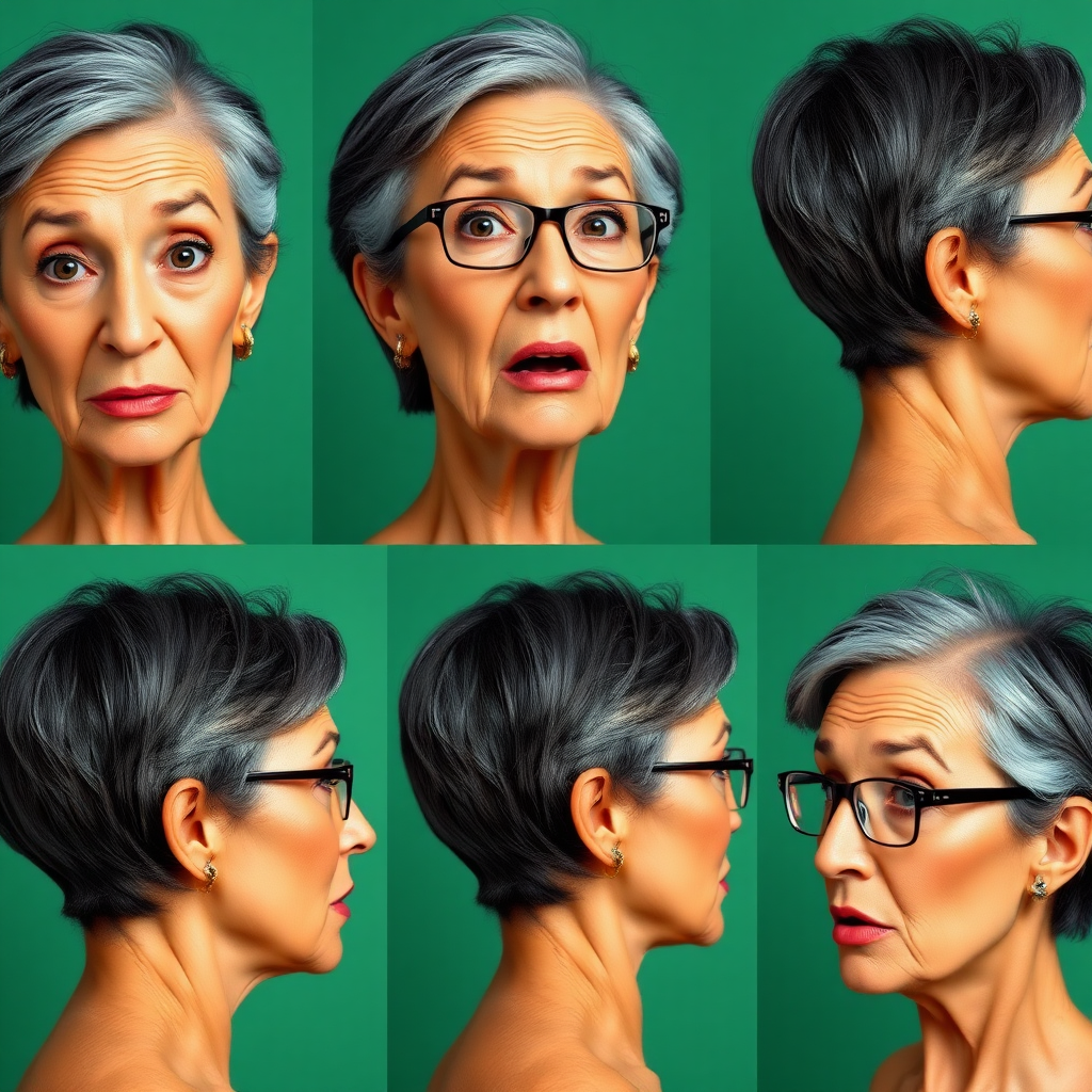 Photorealistic image of six headshots of a 50 Years old, fit, European, Latina, sharp aquiline nose, wrinkles, high cheekbones, Middle Eastern, Skinny, Tanned skin, Dark light skin, full Makeup, jewelry, Sharp nose, exaggerated expression, surprised, astonished, delighted, mouth open, dark grey Ash hair, short bowl haircut, Brown eye color, Glasses, with detailed features. Each photo displays the same face in back, profile and front view, cut out and isolated on a green background. All six heads are visible side by side, empty space around each view, no overlapping.