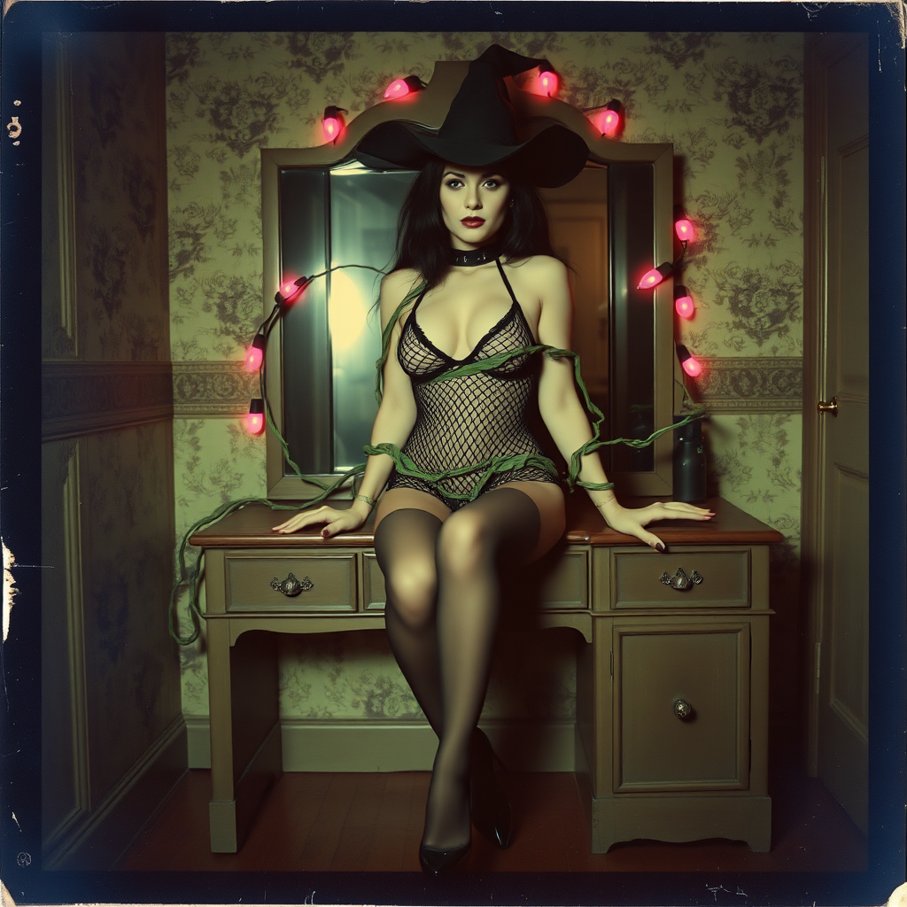 Scan of an nsfw old polaroid photograph with visible wear and heavy vignetting and blue color tint and light leaks, depicting a sexy pale curvy alt goth girl with black hair wearing skimpy fishnet black bodysuit and gstring revealing her nipples and wearing black stockings and high heels, sitting on a builtin vanity with mirror in old house with wallpaper on walls with her knees spread apart. Camera flash used. Dark lighting. Moody and hazy. Grunge look. Erotic. Nude. Pink Christmas Lights on wall. She is wearing a witch hat and is being restrained by giant green vines wrapping around her arms and legs and torso.