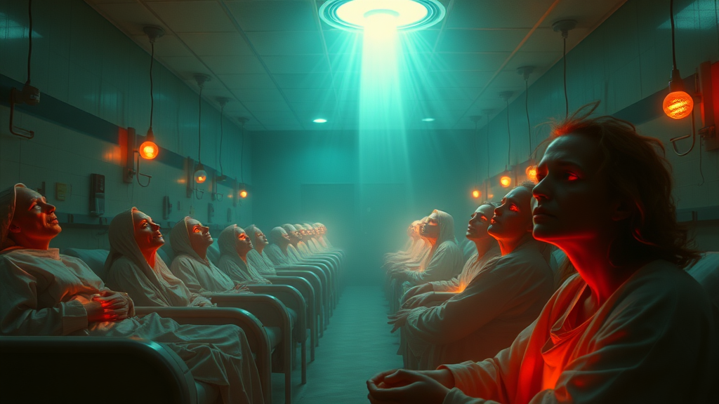 "The hospital bathed in a supernatural glow as the spirits of the patients begin to ascend, their faces slowly transforming from tortured to peaceful."