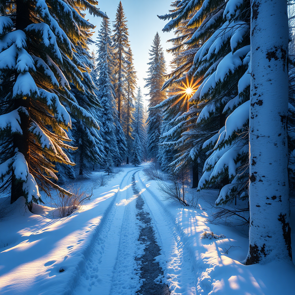 The winter forest landscape of the golden hour features a narrow path covered in snow, winding between tall evergreens, with fresh white snow blanketing the branches. Soft sunlight filters through the trees, casting a warm golden hue on the trail and illuminating patches of snow. The surrounding atmosphere is serene and tranquil, with deep shadows contrasting against bright highlights. The colors include the cool blues and whites of the snow, the rich greens of the pines, and hints of warm yellows and oranges emanating from the sunlight. In a surreal style, it captures the intricate details of the snow texture on the trees and the bark, evoking a peaceful sense of solitude in nature.