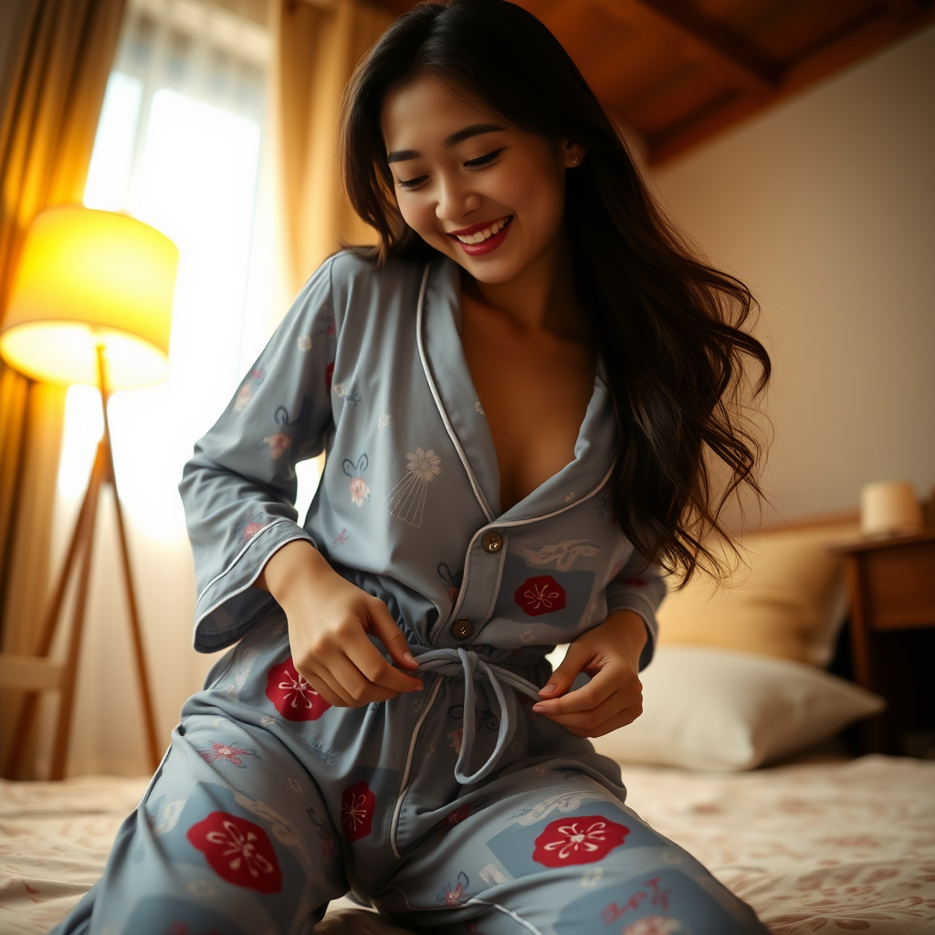 photo low angle full body shot beautiful xiaomeimei smiles looking down. She is tying the drawstring of her pajama pants