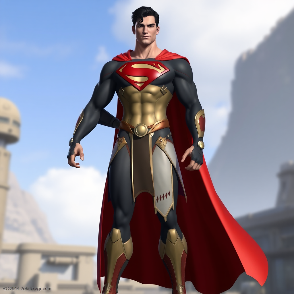 Generate a full-length image of a character with the following specifications: Superman with the body traits of Mei-Ling from Overwatch. Modify the body shape with an emphasis on the torso, retaining the core Superman costume but incorporating embellishments and elements from the Mei-Ling character. The background should be an appropriate setting for both characters.