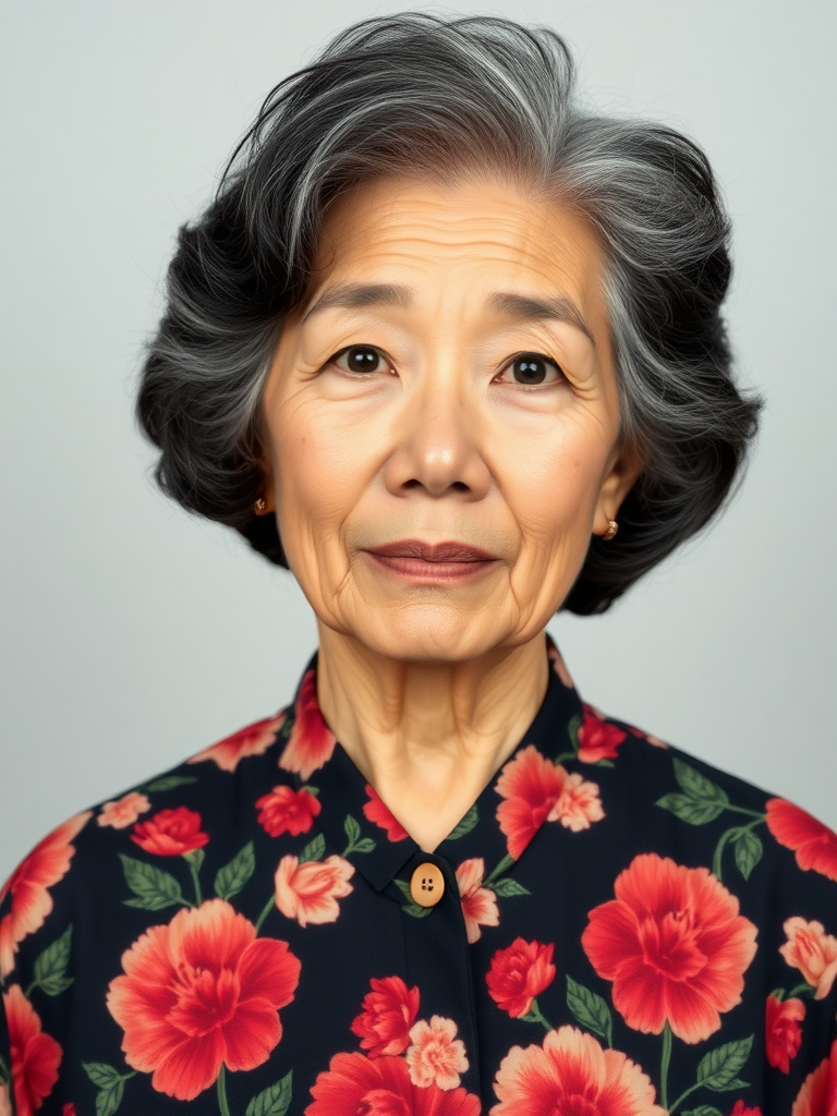 80 age old korean woman, front, flower shirt, photo studio background, Short permed hair, black and white hair