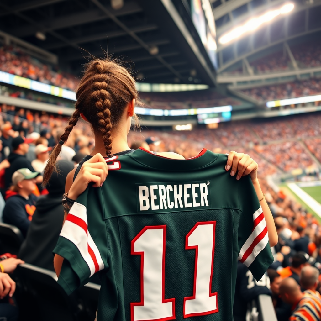 Attractive female NFL fan, pigtail hair, inside bleacher row, crowded, holding up a spare jersey, cheer, watching the game, NFL stadium