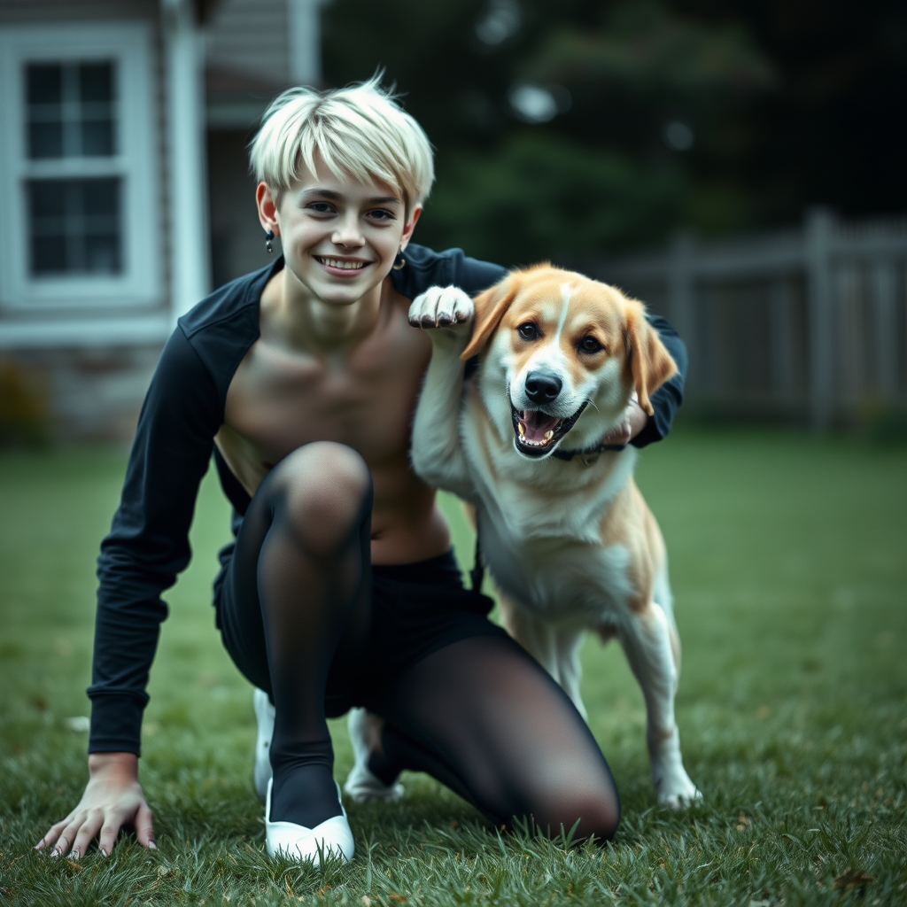 photorealistic, ultra high resolution, 16K, surreal fantasy, studio lighting, a pretty 16 year old goth male, slim male physique, short blonde hair, goth makeup, earrings, pantyhose, white ballet shoes, playing with his dog in the yard - he is kneeling forward, while the dog stands up behind him and rests its paws on the boy's shoulders, excited smile, facing the camera.