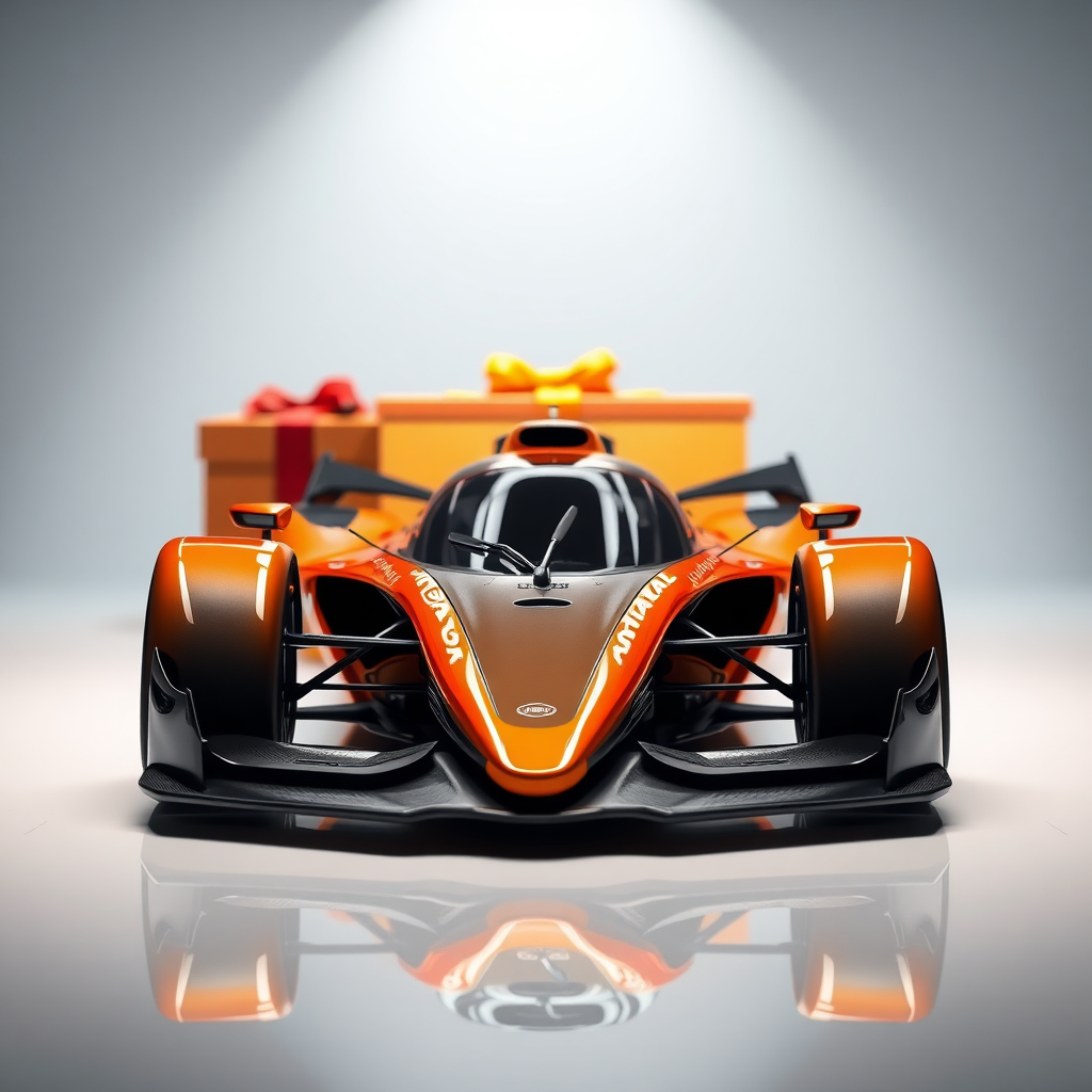 f1 mclaren car with a open gift box behind it