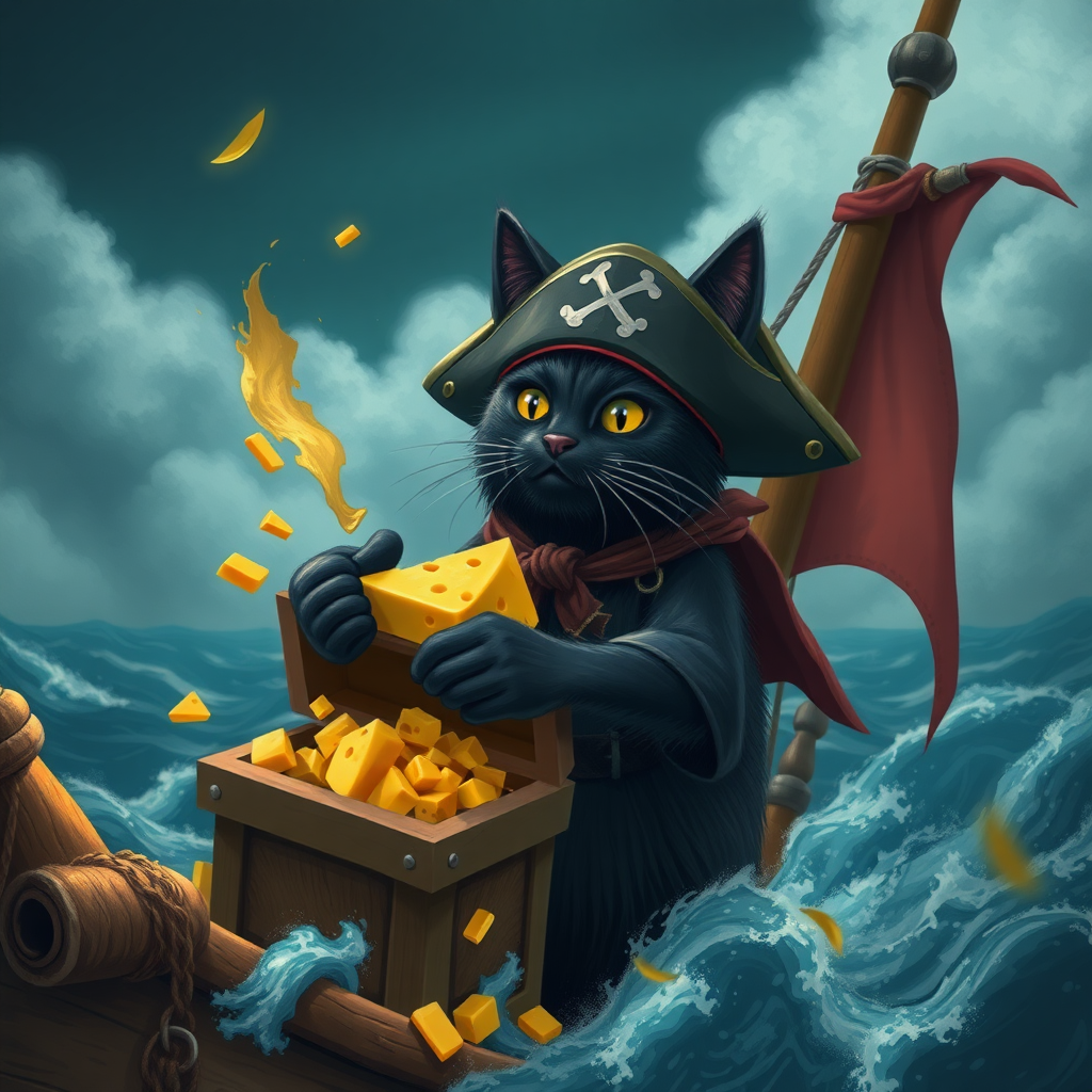 Black cat pirate Captain with treasure cheese filled with cheese on a pirate ship in a storm