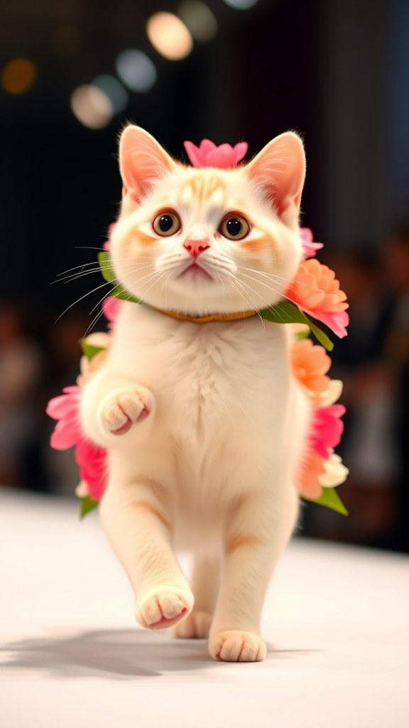 A little chubby big-eyed pink-nosed white cat walking on two paws, wearing a real flower costume, doing a ramp walk in a fashion show.